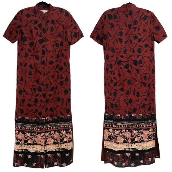 Vtg Rare Hostess Dress Linen Maxi Kimono Long Line Scroll Print Red Black Sz 8 - Picture 1 of 14